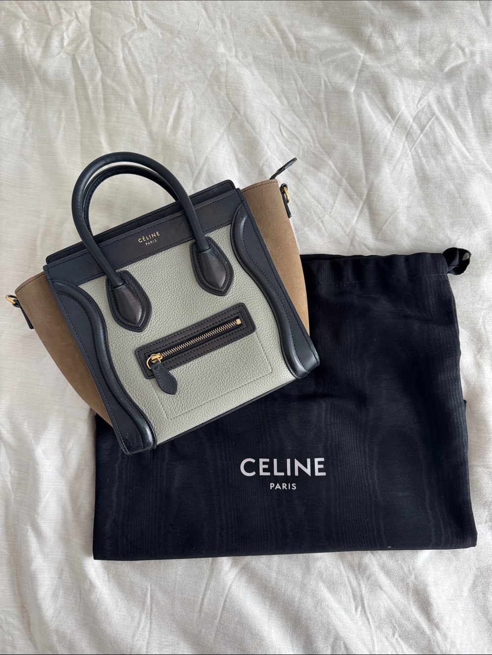 CELINE Tricolor Mini Luggage Tote — Black, Brown Suede & Light Gray